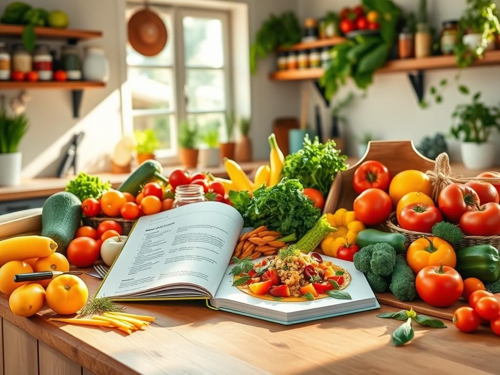 Flick International A vibrant kitchen scene with fresh ingredients and a healthy cookbook