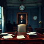 Flick International Dimly lit opulent White House office with a cluttered desk and a large presidential portrait