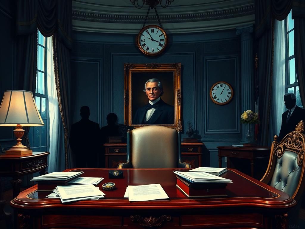 Flick International Dimly lit opulent White House office with a cluttered desk and a large presidential portrait