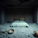 Flick International Bedroom in Pompeii with a bed barricaded against the door during the Mt. Vesuvius eruption