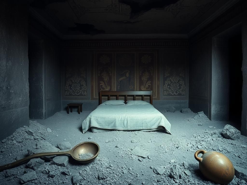 Flick International Bedroom in Pompeii with a bed barricaded against the door during the Mt. Vesuvius eruption