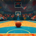 Flick International Intense basketball scene with a referee's whistle and a positioned basketball at the three-point line