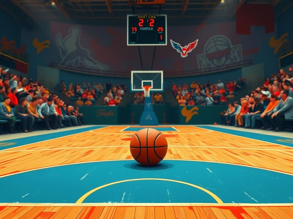 Flick International Intense basketball scene with a referee's whistle and a positioned basketball at the three-point line
