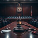 Flick International Oversized gavel on a polished wooden bench in a dimly lit congressional hearing room