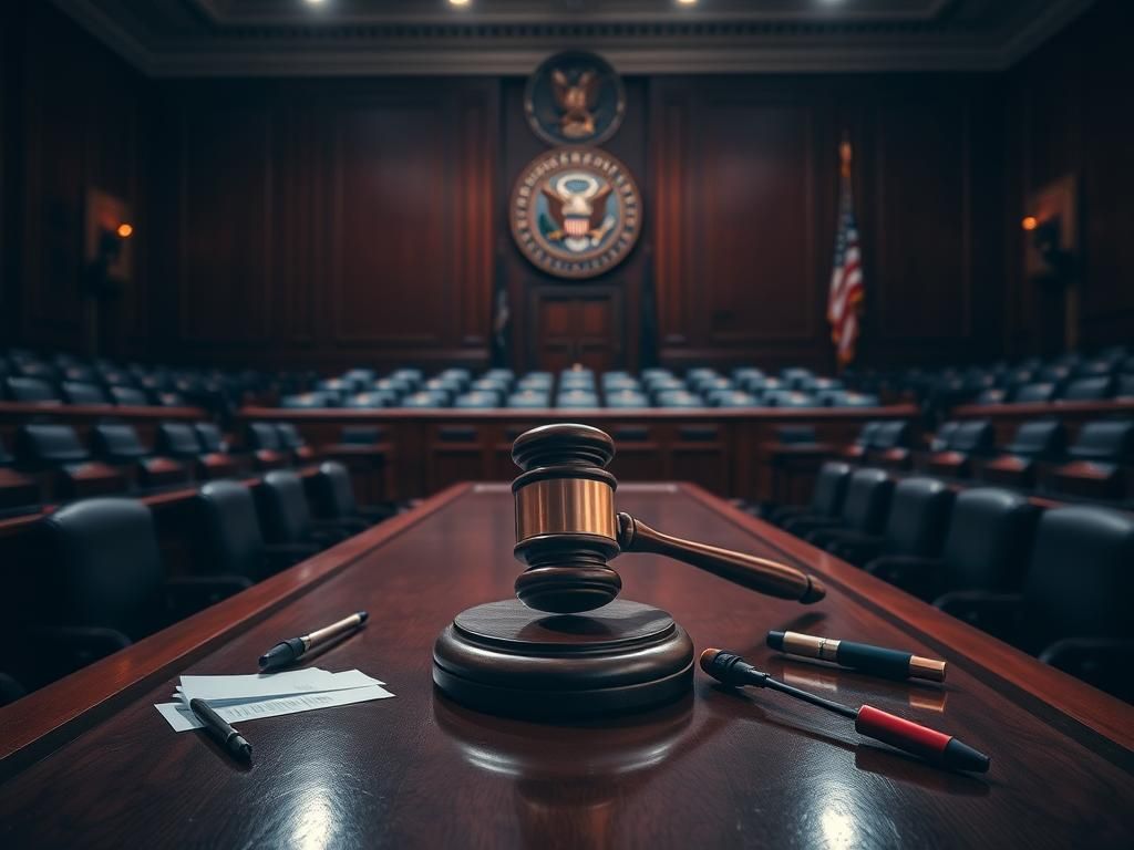 Flick International Oversized gavel on a polished wooden bench in a dimly lit congressional hearing room