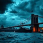 Flick International Dramatic view of the Brooklyn Bridge with storm clouds and a damaged Mexican Navy ship
