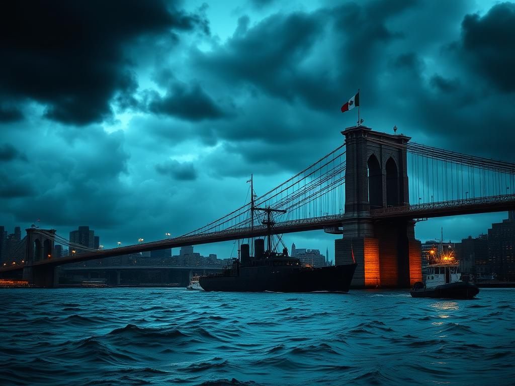 Flick International Dramatic view of the Brooklyn Bridge with storm clouds and a damaged Mexican Navy ship