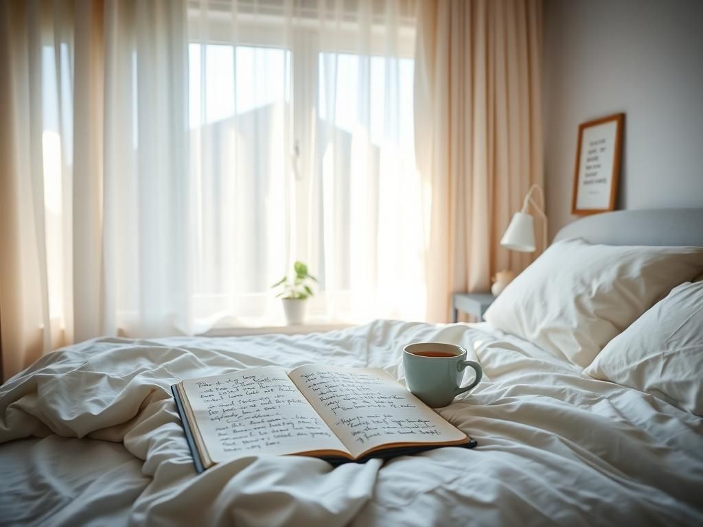 Flick International Serene bedroom scene with rumpled blankets and a journal on the bedside table symbolizing personal struggles and resilience