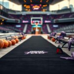 Flick International Stylish outdoor scene with a black rolling carpet leading to a basketball arena