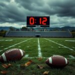 Flick International An empty football field under a gloomy sky with a scoreboard showing '0-12'