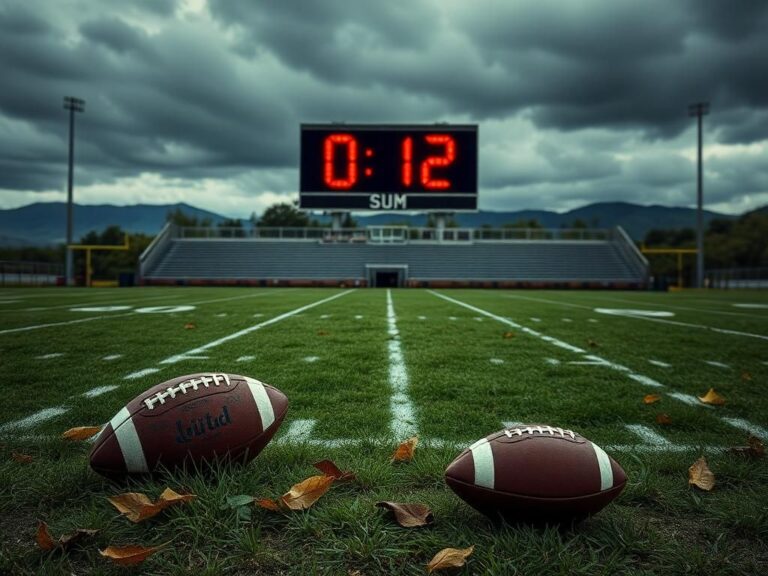 Flick International An empty football field under a gloomy sky with a scoreboard showing '0-12'