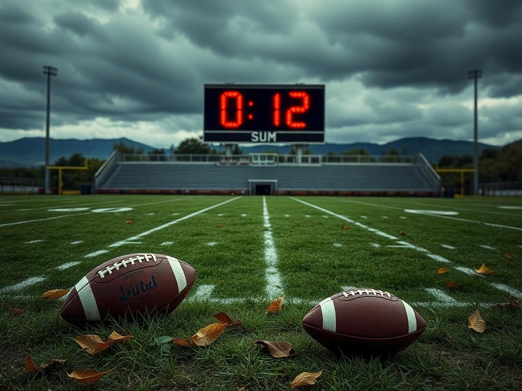 Flick International An empty football field under a gloomy sky with a scoreboard showing '0-12'