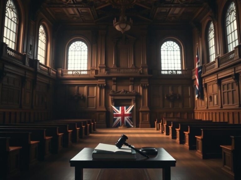 Flick International Grand empty British courtroom showcasing intricate architectural details.