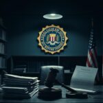 Flick International Darkened office interior depicting the FBI with documents and case files