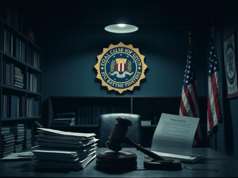 Flick International Darkened office interior depicting the FBI with documents and case files