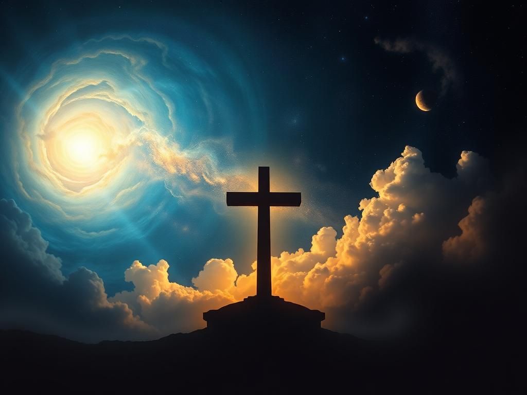 Flick International A celestial scene depicting the cosmos with a radiant light and a silhouetted cross signifying creation and faith