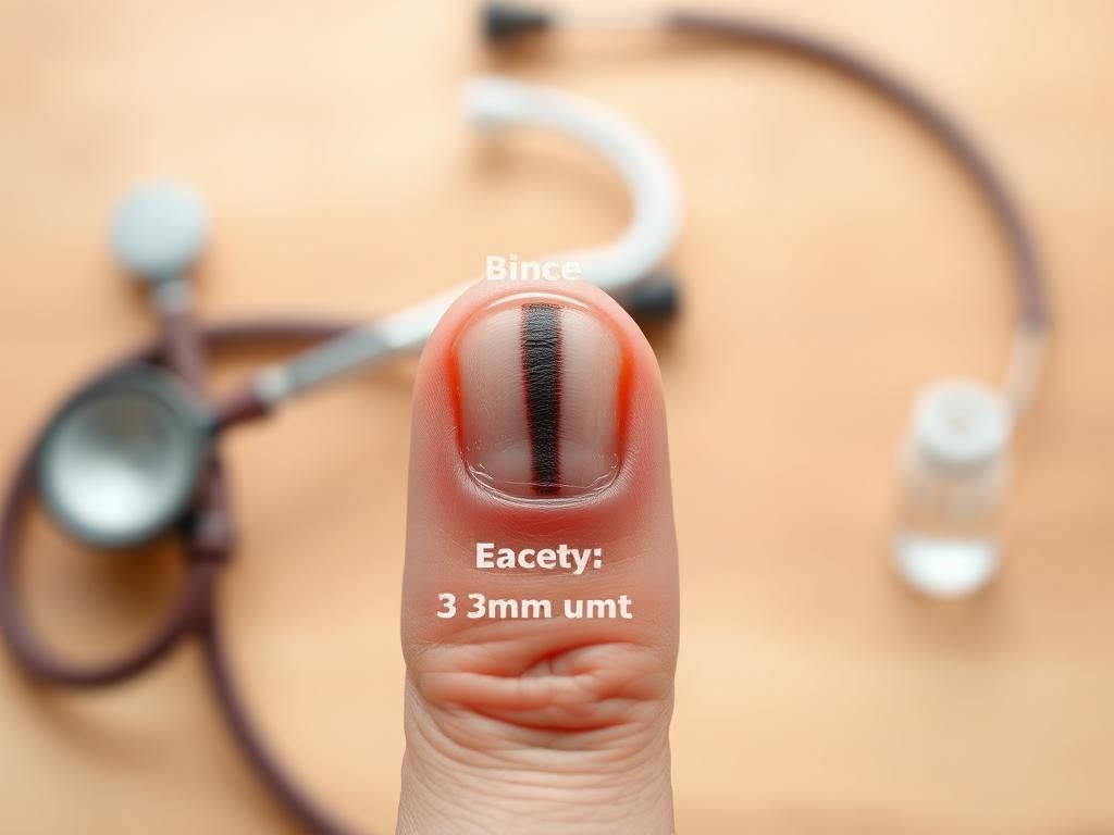 Flick International Close-up view of a left hand with a dark brown vertical line on the thumbnail, indicating a potential health concern.