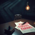 Flick International Dimly-lit room with an antique autopen and documents marked 'PARDON'