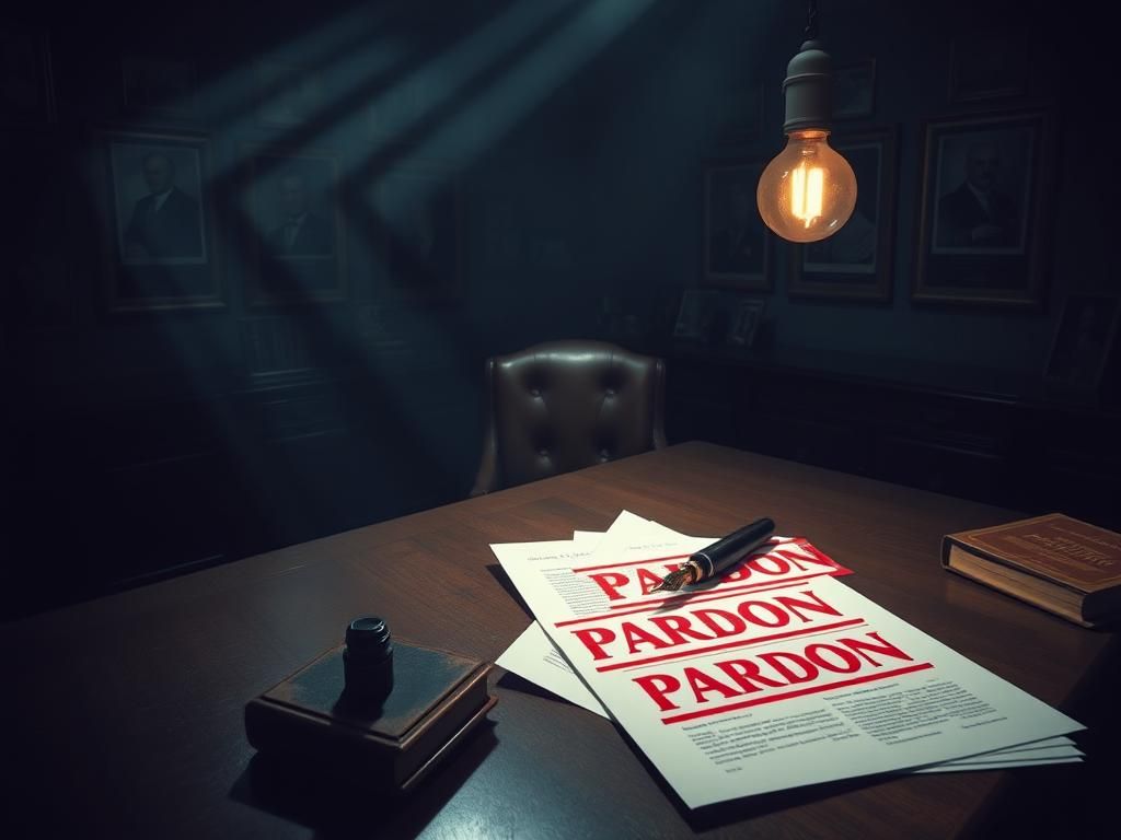 Flick International Dimly-lit room with an antique autopen and documents marked 'PARDON'