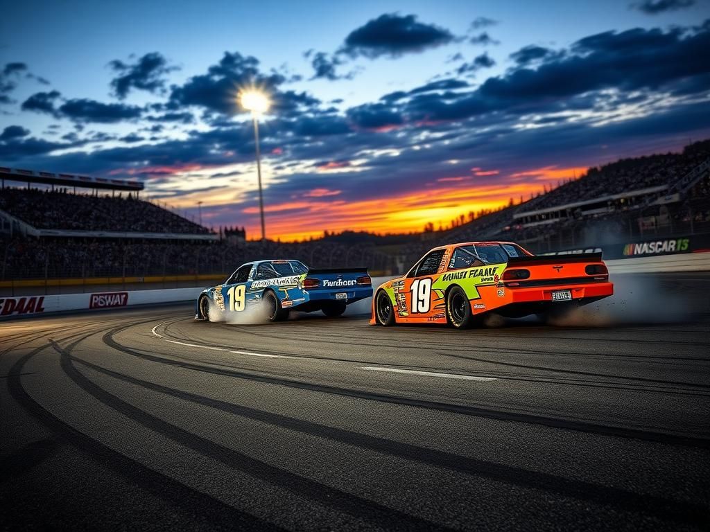 Flick International Brightly colored pickup trucks battling on the track during a NASCAR race, with tire smoke indicating a spin-out.