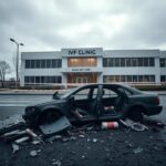 Flick International Aftermath of a bombing outside a reproductive health center with debris and police barriers