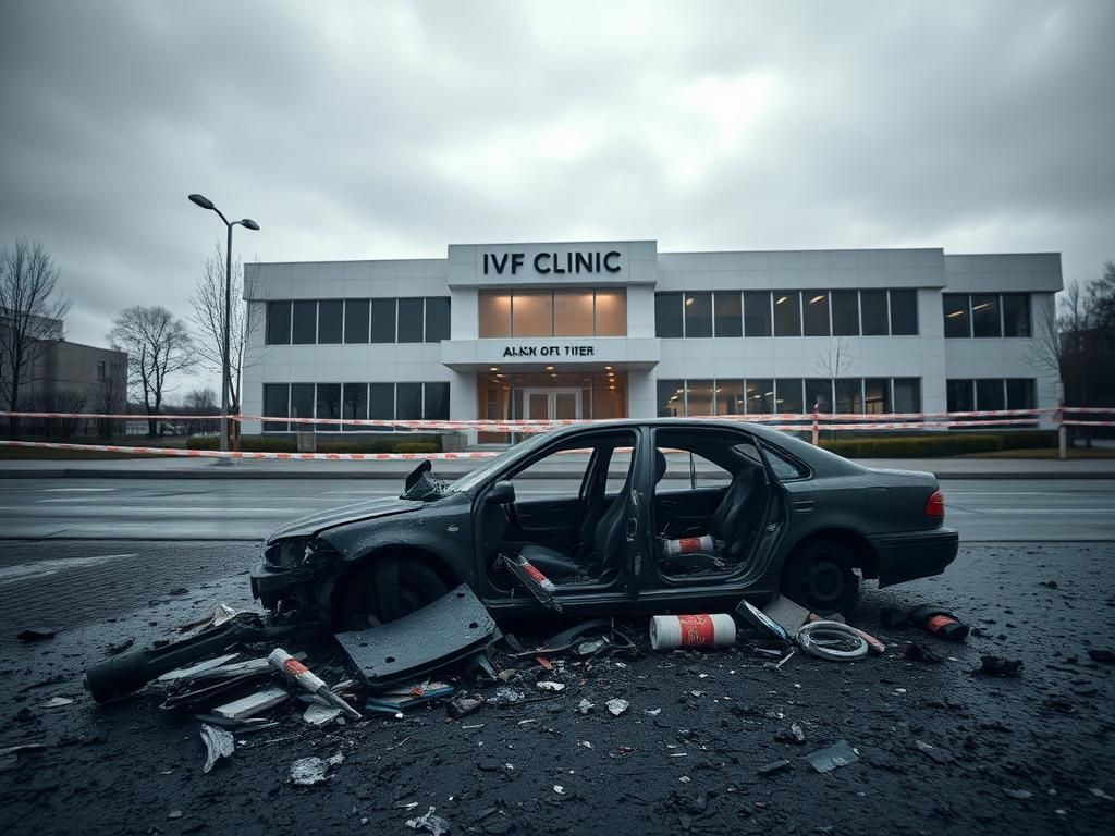 Flick International Aftermath of a bombing outside a reproductive health center with debris and police barriers
