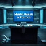 Flick International Dimly lit news studio backdrop with a large screen showing 'Mental Health in Politics' and a modern desk with scattered notes