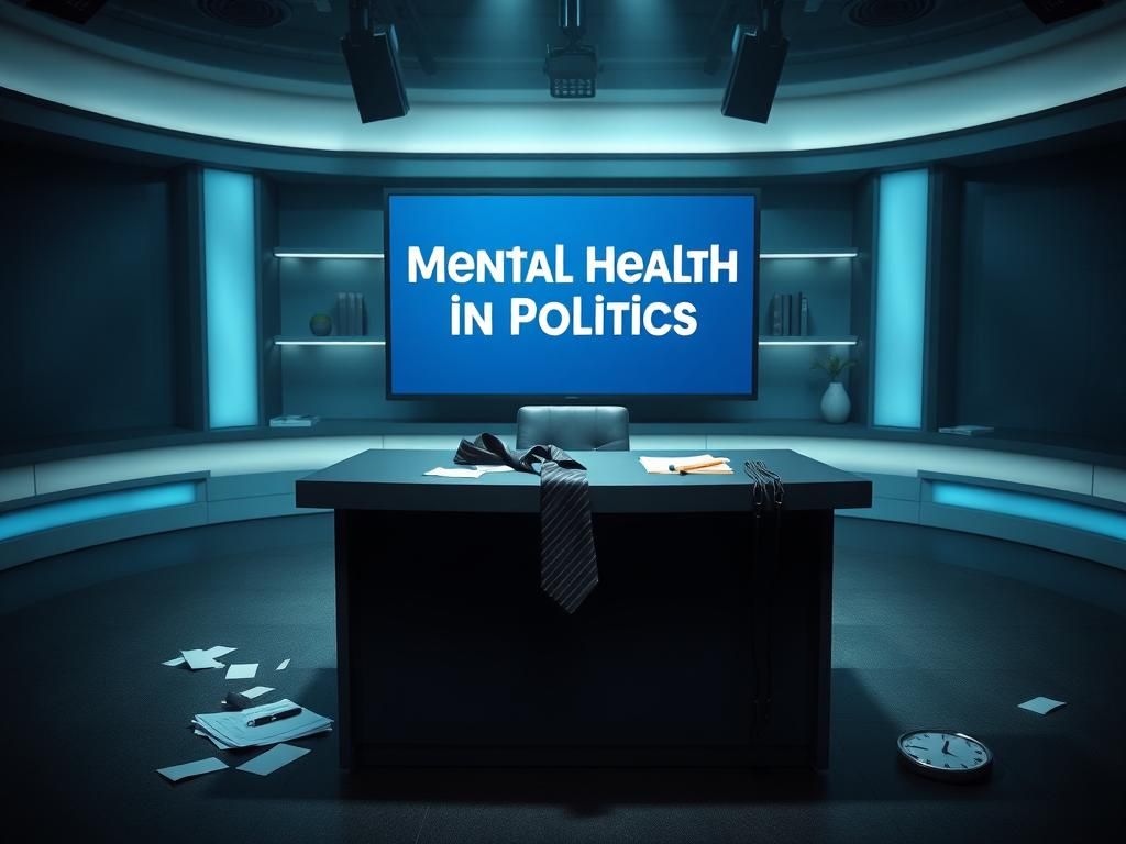 Flick International Dimly lit news studio backdrop with a large screen showing 'Mental Health in Politics' and a modern desk with scattered notes