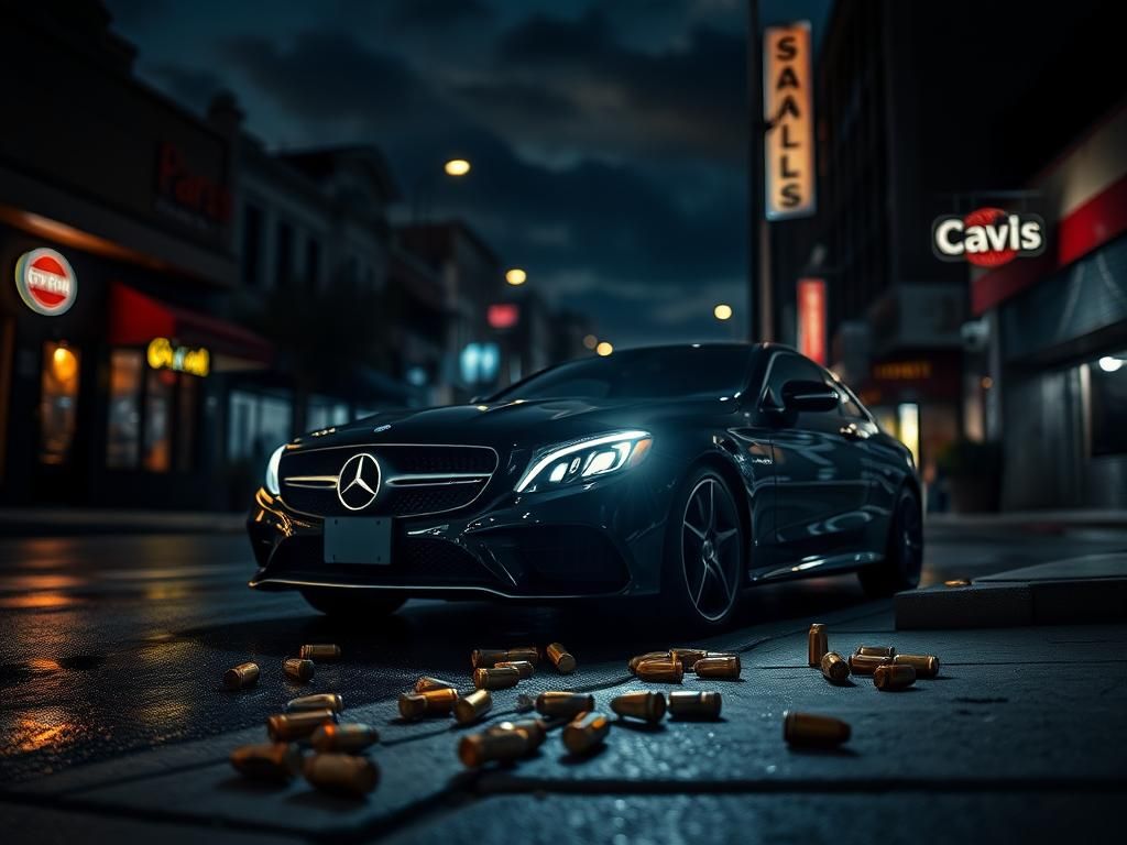 Flick International Dimly lit street scene in downtown Dallas with a parked black Mercedes and spent bullet casings