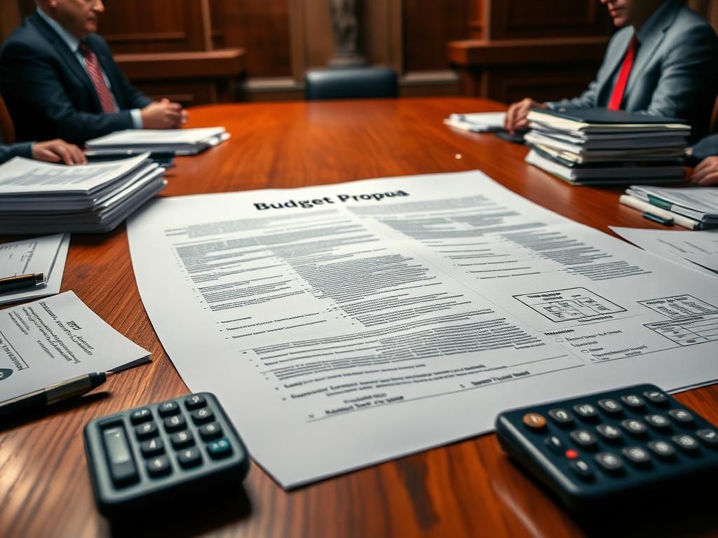 Flick International Close-up view of a detailed budget proposal document on a wooden table, surrounded by negotiation tools