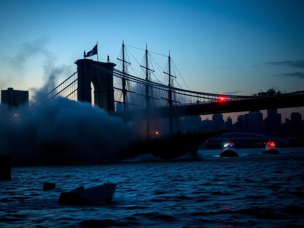 Flick International Mexican navy ship Cuauhtémoc colliding with Brooklyn Bridge amid smoke and debris