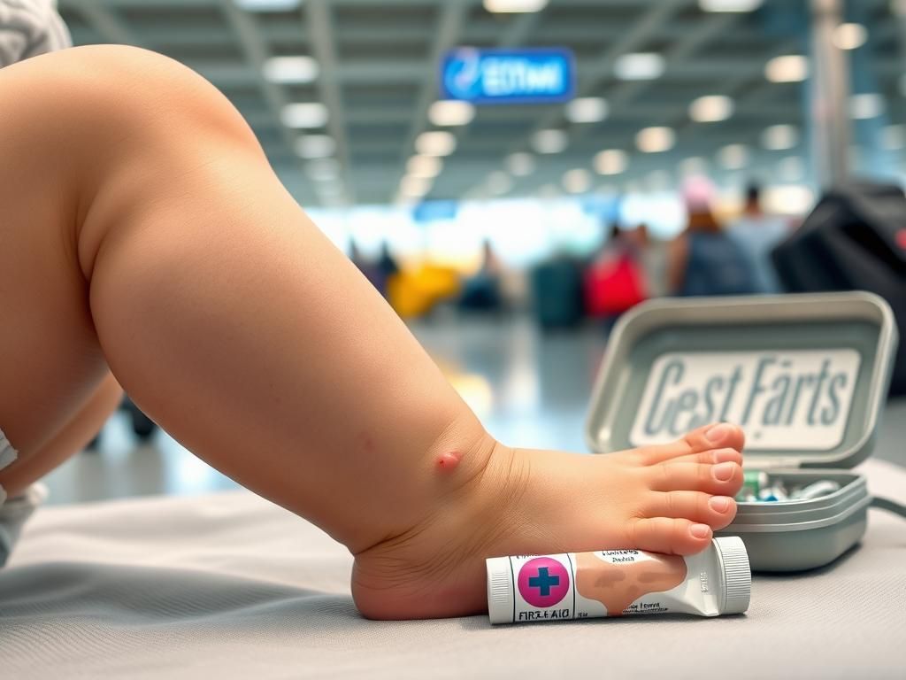 Flick International Close-up of a baby's leg showing insect bites surrounded by travel items