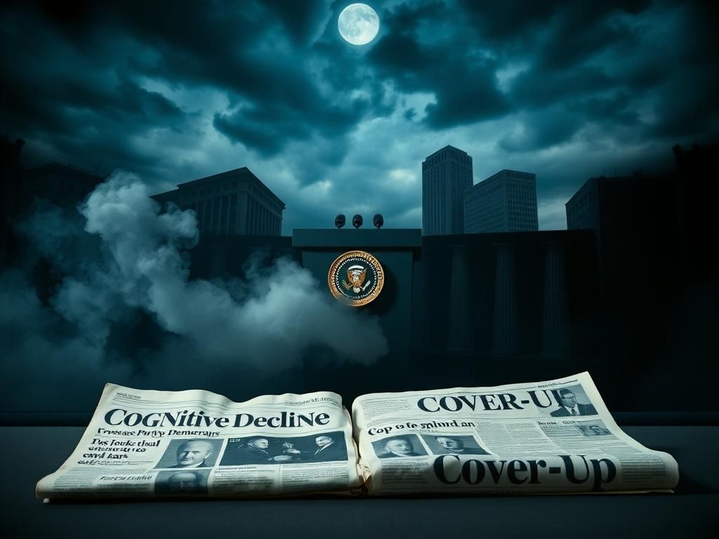 Flick International Dimly lit political debate stage with empty podium and crumpled newspaper symbolizing cover-up