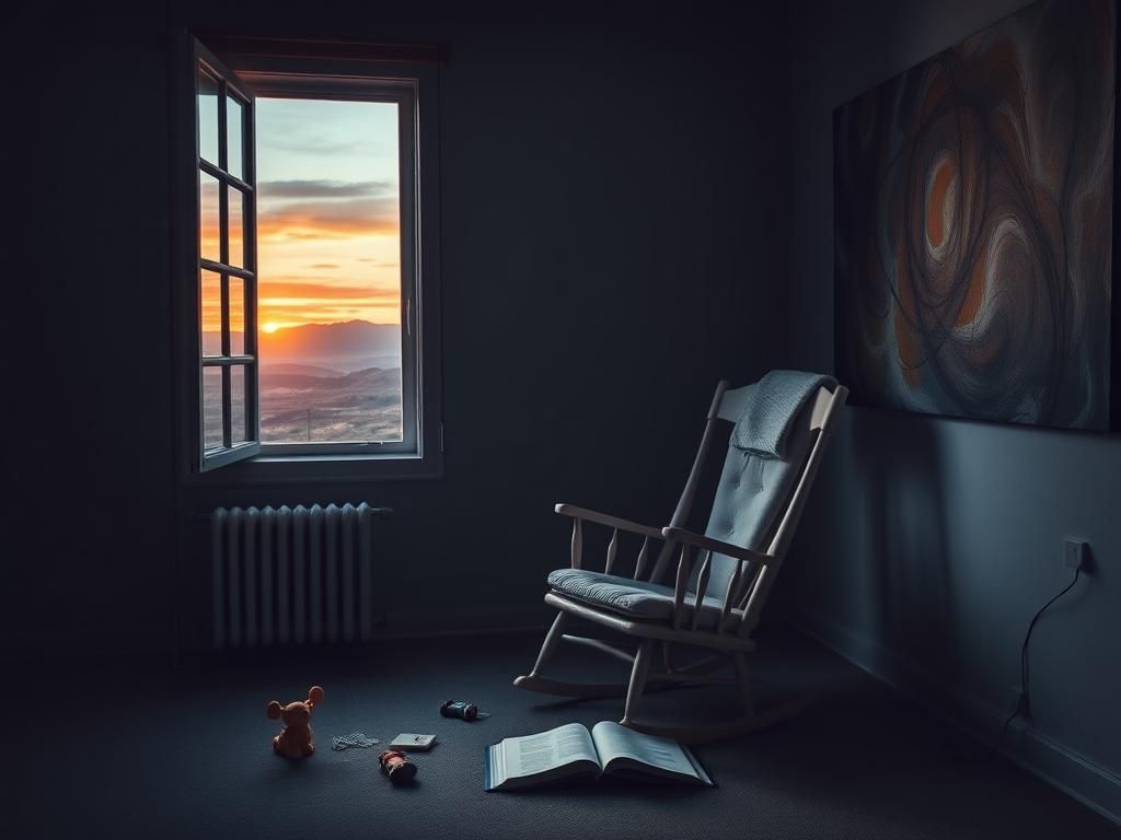 Flick International Serene scene showing a rocking chair near a window with baby toys, symbolizing motherhood and emotional struggle.