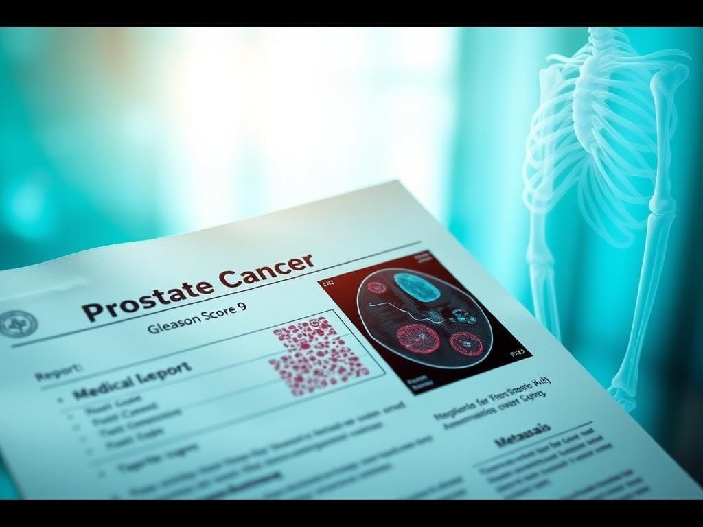 Flick International Close-up of a medical report indicating prostate cancer diagnosis