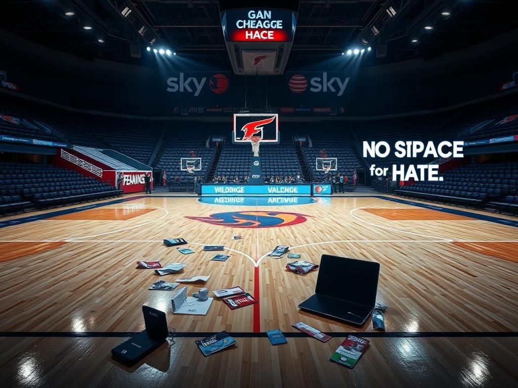 Flick International Dramatic basketball court scene at Gainbridge Fieldhouse with empty arena and focused spotlights