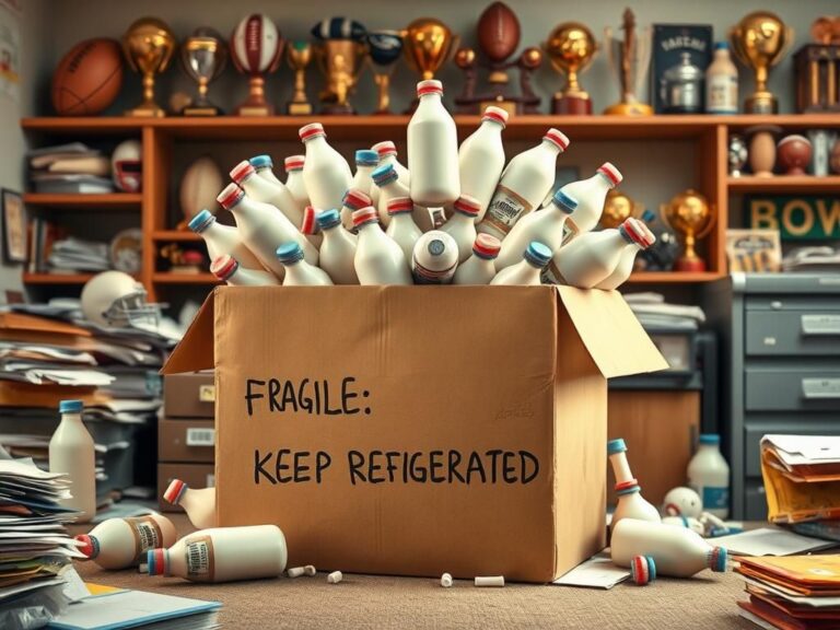 Flick International A humorous scene of a large, overflowing box labeled 'FRAGILE: KEEP REFRIGERATED' filled with bottles of specialized milk
