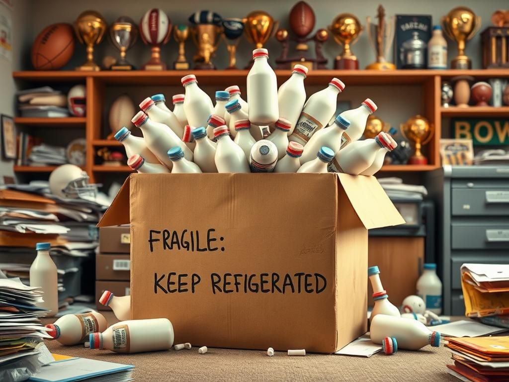 Flick International A humorous scene of a large, overflowing box labeled 'FRAGILE: KEEP REFRIGERATED' filled with bottles of specialized milk