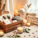 Flick International Serene at-home spa setting with luxurious spa products and a wooden crate of artisanal soaps