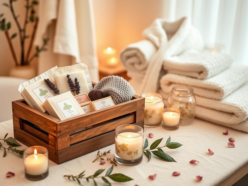 Flick International Serene at-home spa setting with luxurious spa products and a wooden crate of artisanal soaps