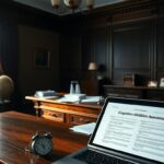 Flick International A serene dimly lit interior of an old political office with a large wooden desk and a closed laptop displaying a cognitive abilities assessment document.
