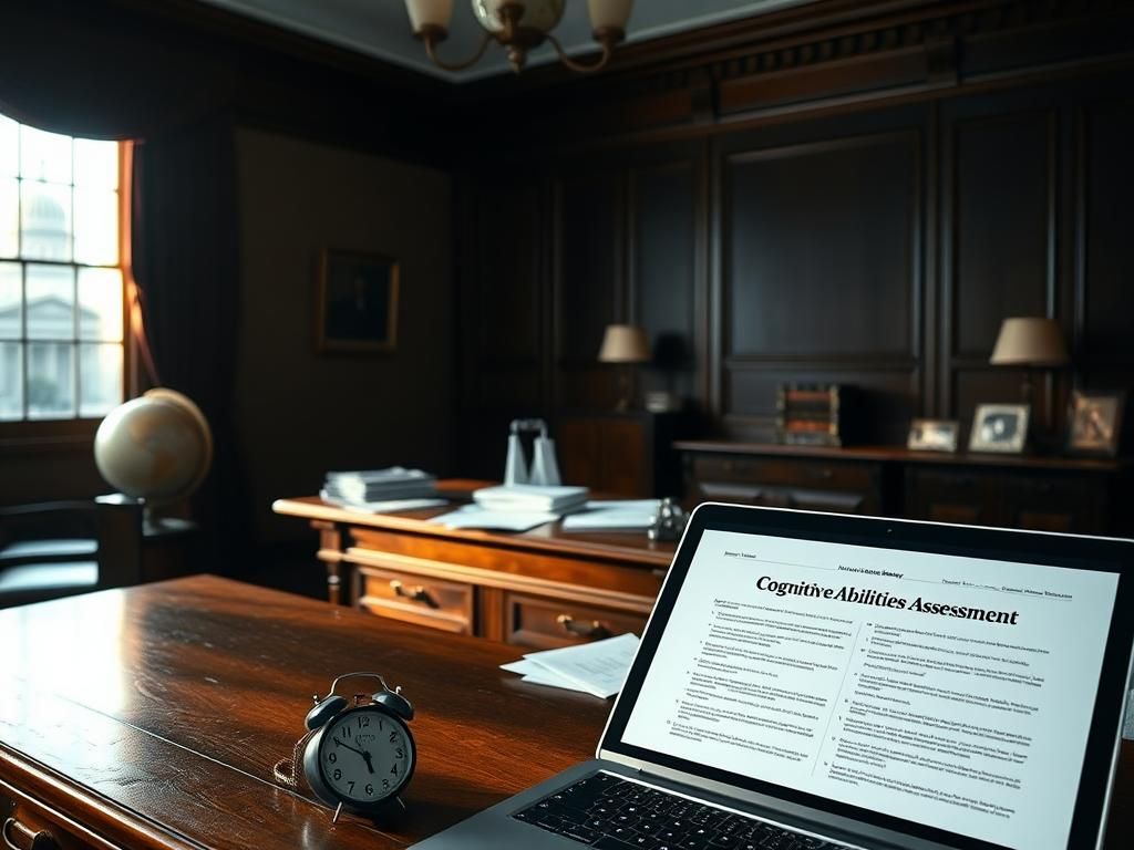 Flick International A serene dimly lit interior of an old political office with a large wooden desk and a closed laptop displaying a cognitive abilities assessment document.
