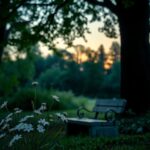 Flick International Serene garden at dusk with white flowers and a stone bench symbolizing hope
