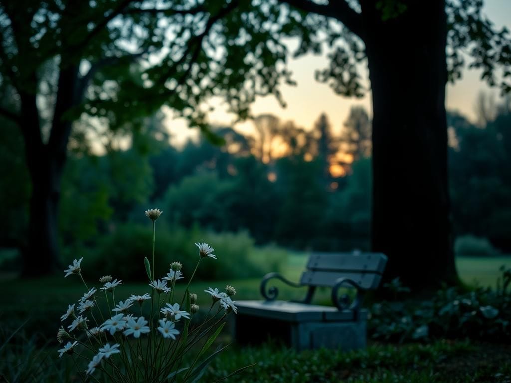 Flick International Serene garden at dusk with white flowers and a stone bench symbolizing hope