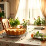 Flick International A serene kitchen scene featuring a freshly baked pie on a wooden table with floral accents