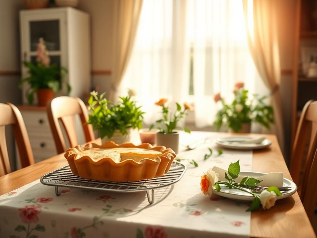 Flick International A serene kitchen scene featuring a freshly baked pie on a wooden table with floral accents