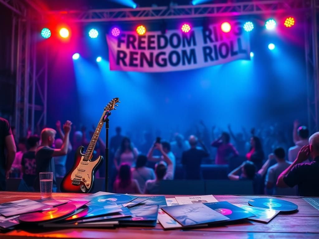 Flick International A vibrant concert stage with colorful lights and an electric guitar resting against a microphone stand, symbolizing rock and roll spirit.