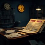 Flick International A dimly lit office with a cluttered wooden desk featuring classified documents labeled 'TOP SECRET'.