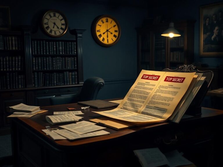 Flick International A dimly lit office with a cluttered wooden desk featuring classified documents labeled 'TOP SECRET'.