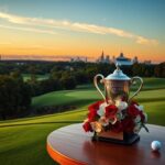 Flick International Serene golf course at dusk with Wanamaker Trophy and elegant floral arrangement